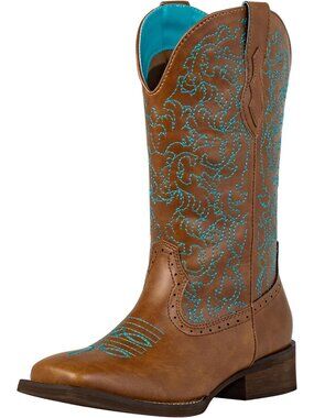 Women's Dark Brown Leather Wide Square Toe Mid Calf Ladies Western Cowgirl Boots